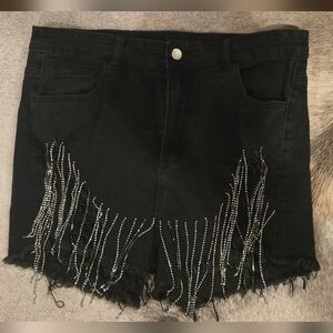 Black Denim Shorts with Silver Fringe